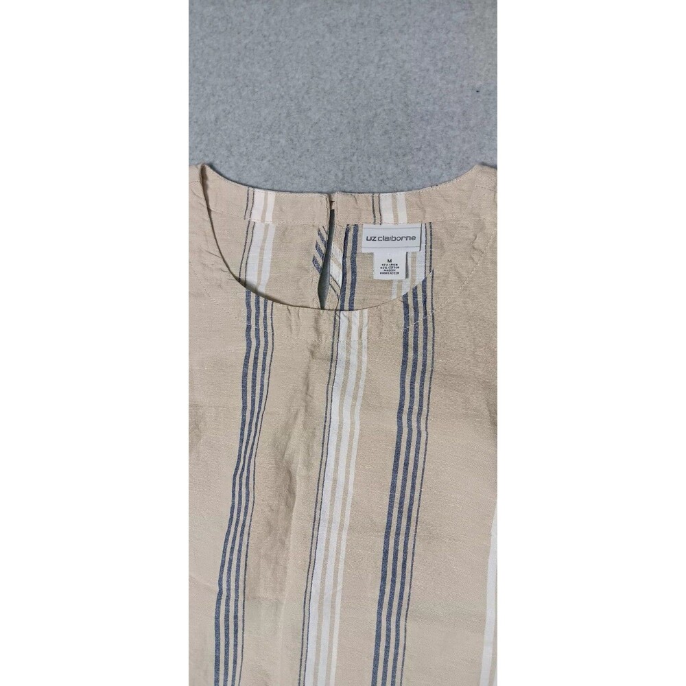 Liz Claiborne Linen Blend Sleeveless Tank Top Medium Beige Striped Fringe Beach - Picture 3 of 12